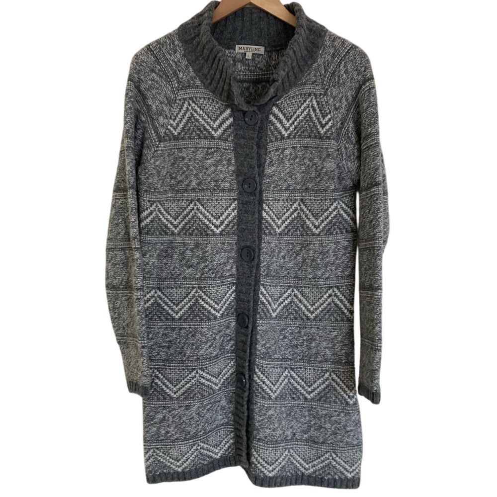 Maryline Wool Blend Chevron Long Button Front Cardigan Sweater Sz Large Grey‎